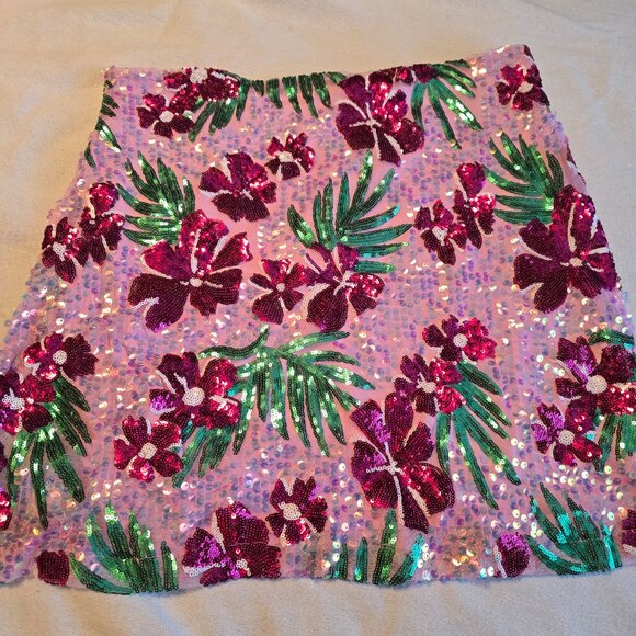 Rachel Zoe L Large Pink Sequined Flower Hibiscus Skirt Party Fun Dance Girl NWOT